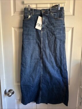 Zara Dark Blue Denim Midi Skirt with Back Slit